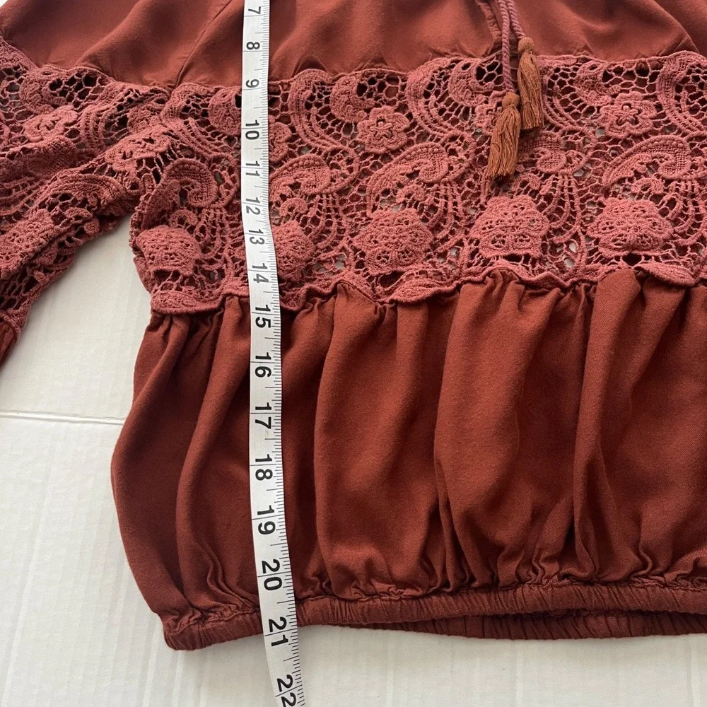 Free People Women Crochet Lace Top XS Rustic Balloon Sleeves Boho Cottage Tie
